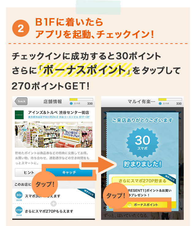 2 B1Fレジ前に着いたらアプリを起動、チェックイン！